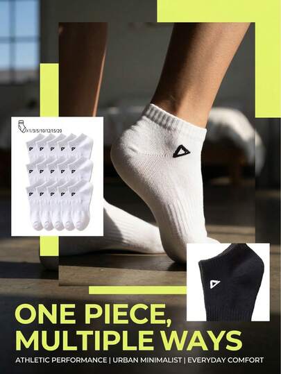 Unisex Minimalist Triangle Pattern Ankle Socks - Premium Black & White Korean Style Short Socks, Casual Athletic & Business Couple Socks