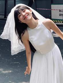 1pc Minimalist Retro Bridal Veil, Engagement Photo Prop Tulle Veil - Multicolor - View 5