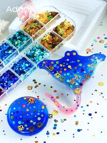 1盒海洋风泡泡亮片DIY工艺品制作配件闪亮圆形贝壳状薄片硅胶模具树脂填充夏季礼物钥匙扣手工材料 - 彩色 - 查看 5
