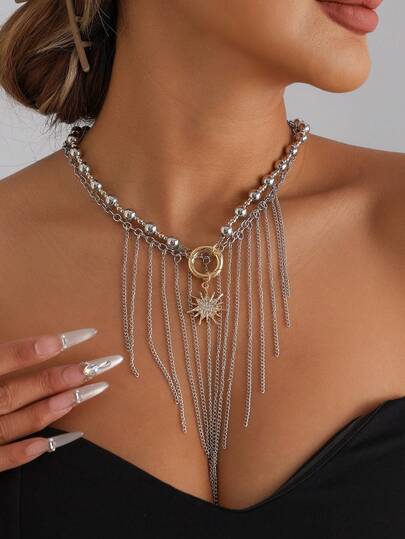 复古几何圆形珍珠串珠向日葵流苏项链 - 时尚配饰