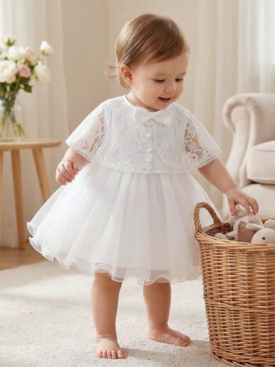 Baby Girls' White Dress, 0-2 Years Old, Birthday Wedding Christening Lace Shawl Formal Dress Set