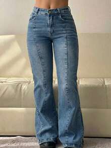 Womens Casual Long Denim Flare Leg Jeans With Pockets And Button Washed Slight Stretch Fabric - Retro Blue - View 2