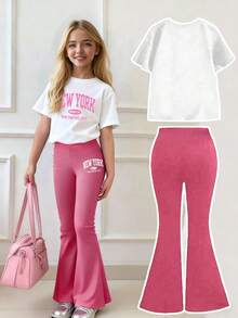Tween Girls Letter Graphic Print Short Sleeve T-Shirt And Skinny Flare Pants Set - White - View 2