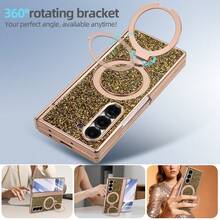 VIETAO Sequins,Diamond Fashion High Quality Blingbling Sparkling Electroplated Hidden Circular Bracket Mobile Phone Case Compatible With Samsung Galaxy Z Fold 7 6 Hinged Full-Cover Protection Phone Cover With Tempered Glass Screen Protector - Gold - View 3