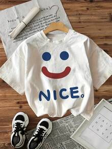 Camiseta de manga corta 100% algodón de alto gramaje con estampado de la letra NI, cuello redondo, suave, estilizante, casual, transpirable, absorbente de sudor, versátil para el verano. - Blanco - Ver 1