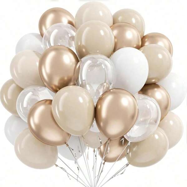 40pcs/Pack 10-Inch Metal Champagne Gold, Vintage Sand White, Matt White And Transparent Round Balls With 1pc Silver Ribbon, Suitable For Valentine's Day Confession, Birthday Decoration, Wedding Decoration, Room Decoration, Singles Party, Etc.