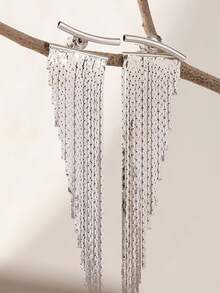 性感夸张不对称长流苏耳环，小巧精致，适合女士婚礼、派对和节日礼物 - 銀色 - 查看 8