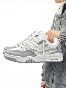 Two-Tone Chunky Sneakers Men's Comfy Non-Slip Lace-Up Casual Shoes - 白灰 - 查看 4