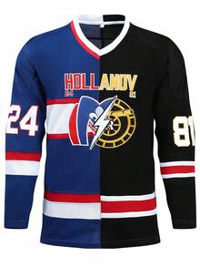 男士 24/81 黑蓝冰球图案长袖T恤，休闲刺绣V领派对运动服，春季款 - 彩色 - 查看 2