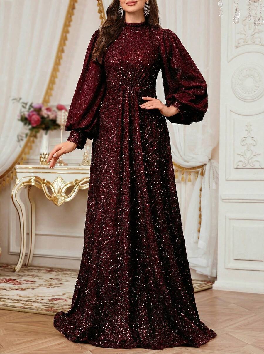 Solessence Stand Collar Lantern Sleeve Elegant Sparkling Waist Ruched Midi Dress Party Dress Wedding Guest Dress Formal Dress Evening Dress, Fall Women Clothes - Burgundy - View 1