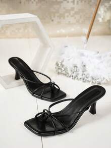 Multiple Strap Criss-Cross Design Slip-On Black Square Toe Stiletto Heel Sandals, Fashionable High Heel Mules, Comfortable Black High Heels, Kitten Heel, Suitable For Any Formal Occasion For Women,Spring Summer Outfits - Black - View 3