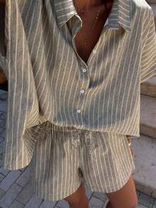 VIVINA 夏季休闲度假条纹印花宽松上衣和短裤两件套，女士夏季休闲装，女士度假装，女士家居服 - 灰色 - 查看 2