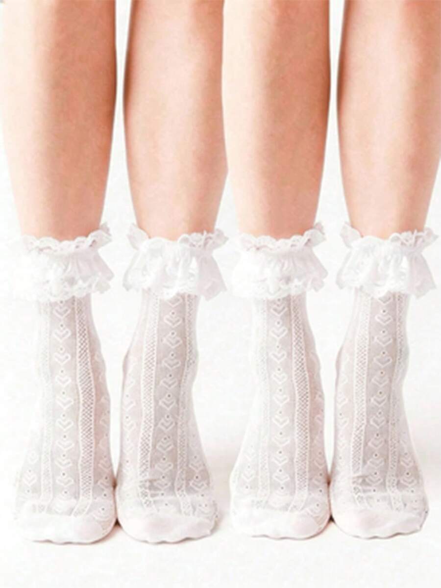 1 Pair Women's Solid Color Ankle Socks, Romantic Ruffle Lace And Heart Pattern, Hollow Mesh Design, Suitable For School, Party And Daily Wear - Multicolor - View 1