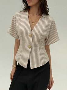 Women's Casual Office Elegant Beige Striped Cotton Blend V-Neck Short Sleeve Button Front Shirt - Khaki - View 5