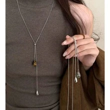 1pc Autumn/Winter Women's Tiger Eye Teardrop Pendant Zipper Necklace, 2025 New Luxury Personalized Design Long Sweater Chain Accessory - Necklace - View 2