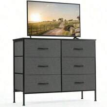 Sweetcrispy Dresser Bedroom 6 Drawers Wide Fabric Storage Units Chest Of Drawers Bedroom With Metal Frame And Wooden Top TV - 灰色 - 查看 11