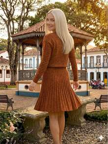 Schoolgirl Pleated Skirt And Long Sleeve Mousse Blouse Set In Tricot - 銅色 - 查看 2