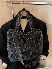 Large Capacity Casual Tote Bag, With Letter Patchwork, Embroidery Thread, Tassel, Multiple Carrying Options, Perfect For Women For Daily Commuting Or Holding Books School Bag, Back To School Backpack, Portable, Lightweight, Large Capacity, Classic Casual, Suitable For Teen Girls Y2k Bag, 2000s Fashion Style, Gothic Punk Bag For Women - 黑色 - 查看 11