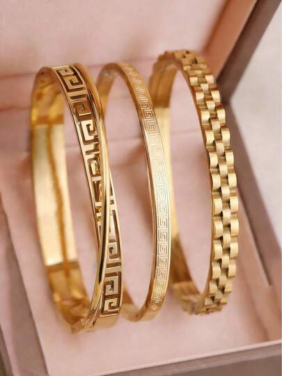 3件套复古不锈钢镂空设计金色手镯，男士日常/派对配饰，送朋友的礼物