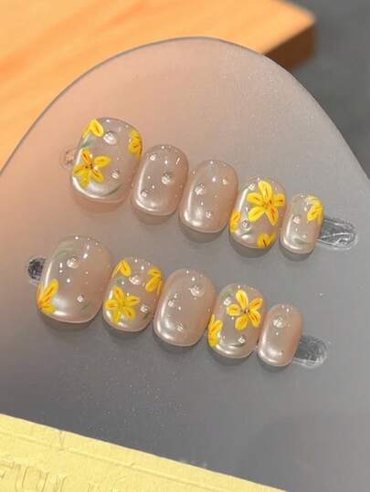 10pcs/Set Short Rounded Square Cat Eye Style Nail Stickers, Hand-Painted Yellow Flower Design, Suitable For Daily Wear, Spring, Festivals, Dates, Ideal Gift For Girls And Women, Includes Nail Sticker Set