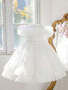 Váy nơ trễ vai lưới xếp nếp thanh lịch dành cho bé gái, thích hợp cho các buổi khiêu vũ ở trường, tiệc sinh nhật - trắng - Xem 2