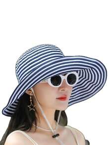 Mũ xô sọc gấp gọn mùa hè, mũ chống nắng vành rộng mới về dành cho nữ, mũ thời trang vành rộng bằng polyester in họa tiết, chống gió và tia UV, thích hợp cho mùa xuân/hè. - mũ - Xem 8