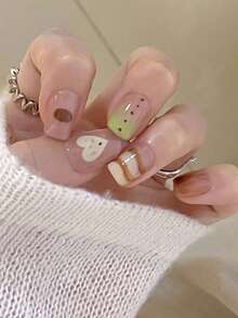 24pcs Short Almond Gradient Line Dot Heart Nail Stickers + 1pc Jelly Gel + 1pc Nail Buffer Block, Fashionable Girl Round Nails - Multicolor - View 1