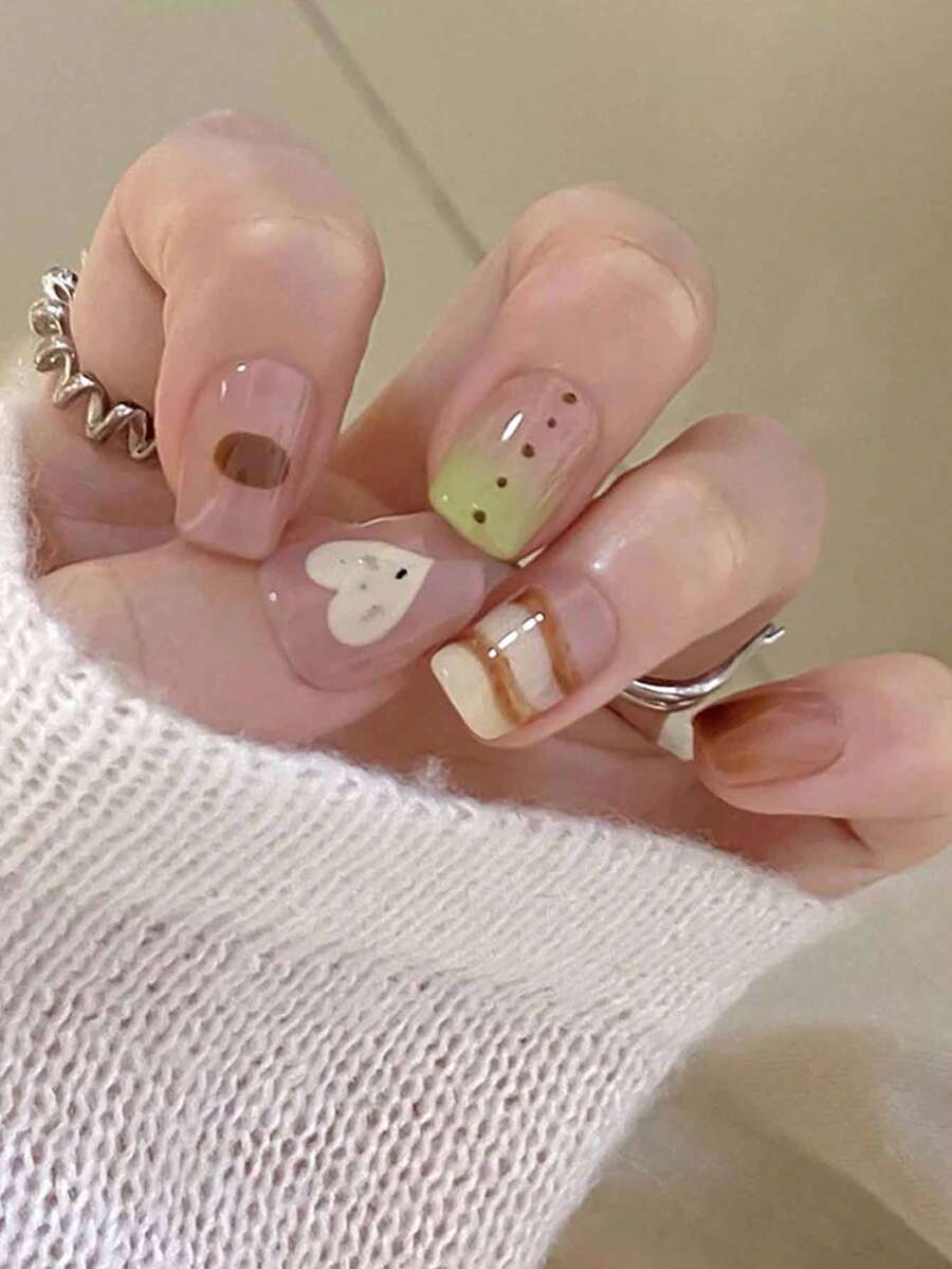 24pcs Short Almond Gradient Line Dot Heart Nail Stickers + 1pc Jelly Gel + 1pc Nail Buffer Block, Fashionable Girl Round Nails - Multicolor - View 1