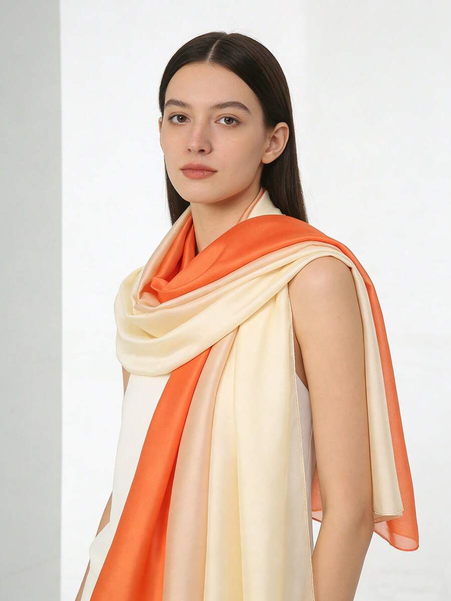 1pc Women's Spring/Summer Gradient Color Faux Silk Fashion Versatile Scarf/Shawl, Suitable For Daily Commute And Outfit Decoration,Beach,Holiday - Orange - View 1