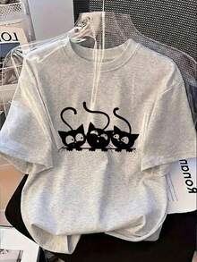 日系女式夏季宽松圆领休闲百搭字母卡通猫印花短袖T恤 - 淺花灰 - 查看 4