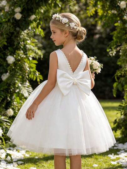 Young Girl Elegant Pearl Bow Decorated Princess Dress, Suitable For Birthday Party, Banquet, Dance, Holiday Celebration, Flower Girl Wedding, Stage Performance