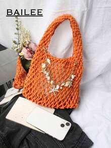BAILEE 1 Set Polyester Crochet Mesh Bottom Multi-Color Solid Knitted Tote Bag, Quilted Pattern, Lightweight Portable Large Capacity Cute Fashion Beach Bag, Suitable Women, Young Professionals, Teachers/Girls - Orange - 查看 4