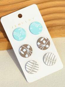 3对叶子印花浅蓝色陶瓷质感个性化圆形亚克力耳环，适合女孩佩戴 - 彩色 - 查看 2