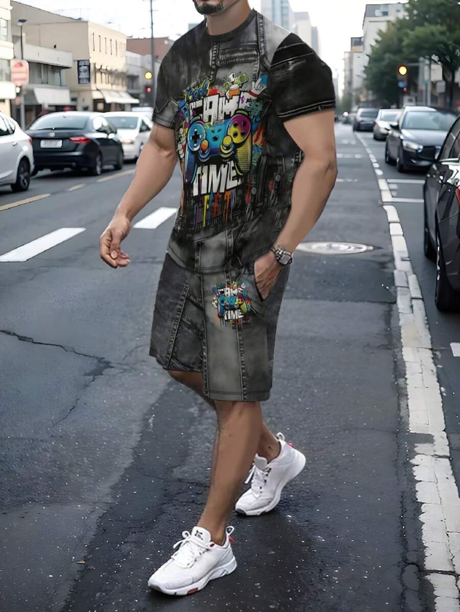 2pcs/Set Men's Casual Fashion T-Shirt And Shorts Set, "Cool GAME TIME" Game Controller Graffiti Denim-Look 3D Print Casual Street Style, Lightweight Breathable Summer 2-Piece Set, Suitable For Daily Wear And Summer Beach Vacation, Boyfriend Gift - Multicolor - View 1