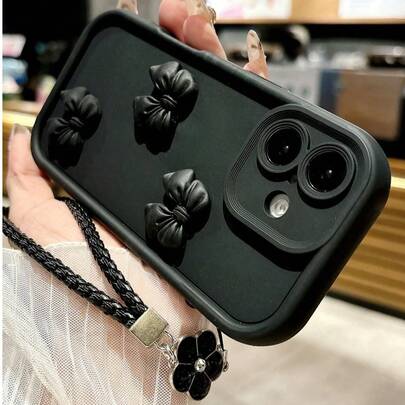 1pc Black Cute Bow Knot Fashion Silicone 3D Bow Phone Case With Detachable Flower Wrist Strap, Full-Body Camera Protection, DIY Decor, Shockproof Anti-Slip Scratch-Resistant, Compatible With Iphone 17 Pro Max, 17/16/15/14/13/12/11 Series, S20-S25 Series, Note 14/13/12 Series, A56 5G, International Version, Not The Domestic Version, Birthday Spring Gift Valentine