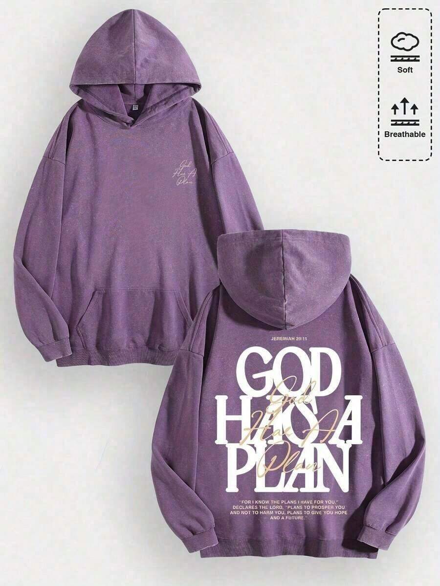 1pcsMen's Unisex "God Has His Plans - Faith Enlightenment" Printed Cotton Hoodie, Vintage Casual Fashion Daily Soft Warm Hoodie, Suitable For Streetwear And Spiritual Aesthetic Enthusiasts, Men's Winter Clothing - 紫色 - 查看 1