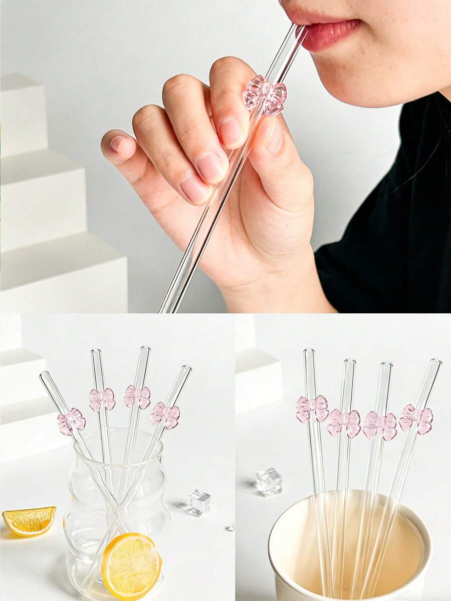 2Pcs Cute Cartoon Glass Drinking Straws With Large Bow/Bowknot Stuff,Reusable Bent Clear Glass Straws Cutlery Set,For Kitchen Accessories,Water Cup,Straw Topper,Smoothies, Milk Tea, Juice, Cocktails, Cold Drinks,Bar,Back-To-School,Hen Party Supplies,Wedding,Travel,Funny Gift For Girlfriend/Boyfriend,Graduation Season,And Party Supplies.Easter Gifts,Summer,Holiday Travel Essentia. - View 1