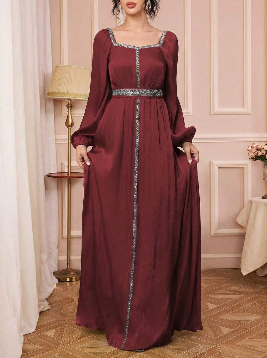 Solessence 女士优雅亮片拼接灯笼袖连衣裙，春夏 - 棗紅色 - 查看 1