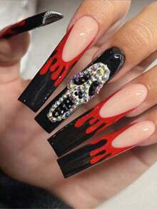 24pcs Halloween Skeleton Head Press-On Nails, Reusable Fake Nails For Fingers And Toes, Easy To Apply, Salon Quality Nail Extension, Fashion Nail Art | Square Nail Shape | Easy To Apply Nails - Multicolor - View 1