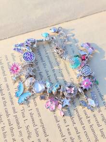 1条夏季花卉蝴蝶串珠手链，向日葵、雏菊、蝴蝶、心形珠子DIY手链，复古花卉玻璃珠可调节DIY手链，朋友礼物，纪念手链 - 銀色 - 查看 5