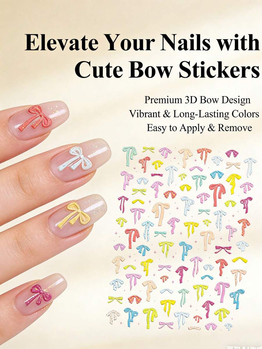 1张3D立体蝴蝶结美甲贴纸，粉彩彩虹色蝴蝶结自粘美甲贴，可爱丝带设计，DIY美甲装饰，适用于美甲沙龙和家庭使用，易于粘贴，持久耐用，适用于亚克力指甲的美甲用品，美甲贴片，美甲技巧