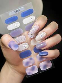 16片半固化凝胶美甲贴纸，金箔蓝百合花凝胶美甲贴，兼容任何UV灯，全甲覆盖，女性和女孩DIY礼物 - 彩色 - 查看 4