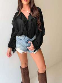 Versatile Casual Commuting Office Asymmetrical Ruffled Semi-Sheer Beige Shirt, Suitable For Dates, Everyday Wear, Beach Vacation, Ruffled Decor Adds Softness, Pair With Jeans For Casual Chic, Or Skirts For Elegant Office Looks - Black - View 3