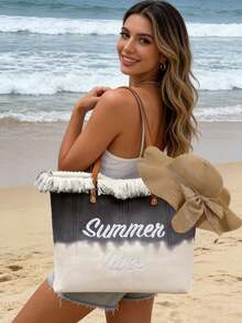 Bolsa Tote com Decoração de Borla Bordada, Bolsa Tote Feminina da Moda com Borla Bordada e Letra, Bolsa Tote de Ombro Grande Bicolor com Decoração de Borla Bordada, Perfeita para Trabalho, Volta às Aulas, Ensino Fundamental, Ensino Médio, Faculdade, Férias, Guia de Presentes do Dia dos Namorados, Presente Acessível do Dia dos Namorados, Páscoa, Dia das Mães - Multicolorido - Visão 3