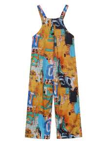 Bohemian Women's Loose Floral Bib Overall Jumpsuit With Pockets Patchwork Wide Leg Adjustable Strap Beach Vacation Outfits Summer - 棕褐色 - 查看 2