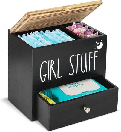 Tampon Holder For Bathroom Decor And Storage, Wood Feminine Product Organizer With Drawer And Lid, Pad And Tampon Organizer Bathroom Accessories Box For Tampon Storage, Black Cotton Ball/Swab Holder