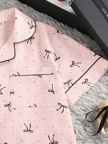 3pcs/Set Piyama Wanita Kasual Longgar dengan Pita, Motif Polkadot, Saku, Kancing Depan, Lengan Pendek, Atasan dan Celana Pendek/Celana Panjang, Musim Semi/Panas - Baby Pink - View 5