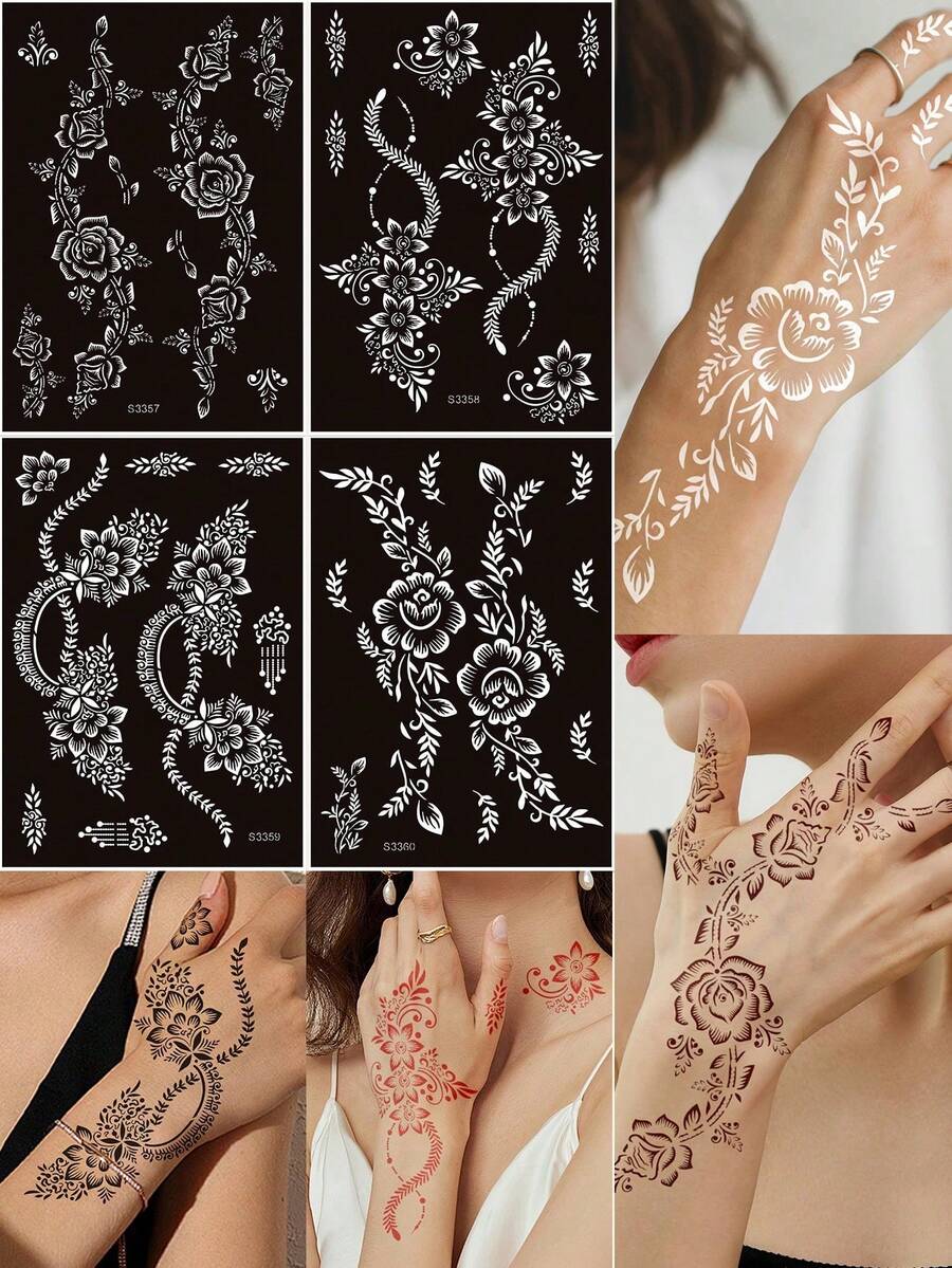 4pcs Floral Tattoo Stencil Stickers, Plant Hollow Temporary Tattoo Template For Arm, Leg, DIY Body Art Painting Party - Black - View 1