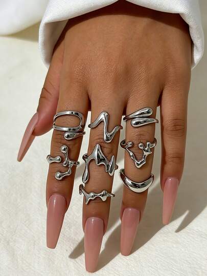 8pcs Vintage Geometric Round Open Ring Set, Asymmetrical Liquid Ring Jewelry Set, Suitable For Women's Holiday Party And Daily Wear