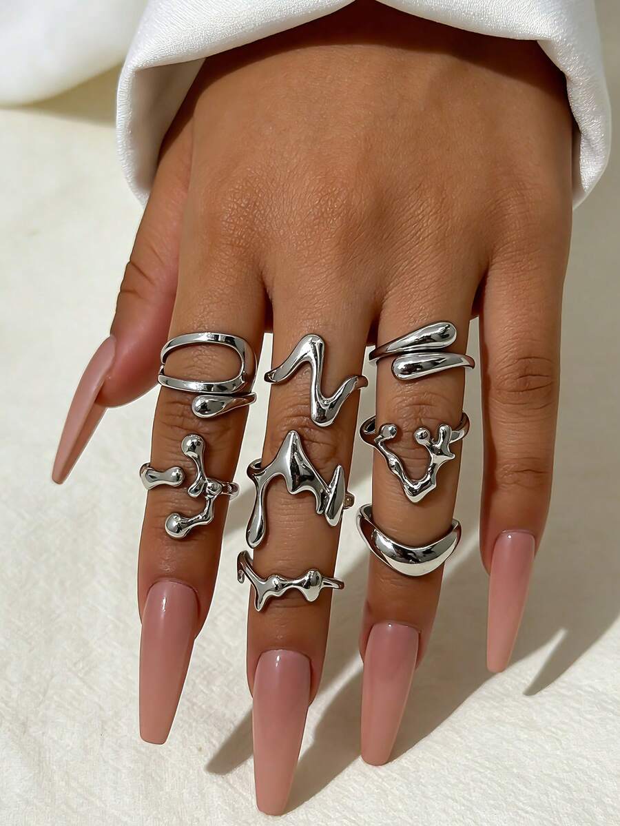 Bộ 8 chiếc nhẫn tròn hở hình học cổ điển, bộ trang sức nhẫn lỏng bất đối xứng, thích hợp cho phụ nữ dự tiệc ngày lễ và đeo hàng ngày. - Bạc - Xem 1